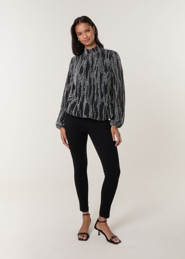 Blue Vanilla Silver Snake High Neck Puff Ball Blouse