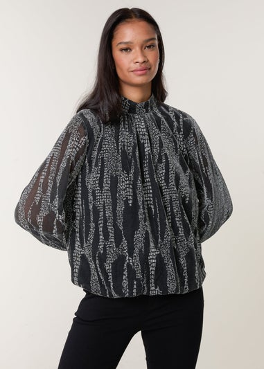 Blue Vanilla Silver Snake High Neck Puff Ball Blouse