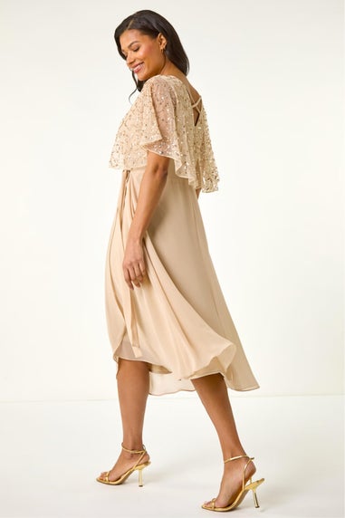 Roman Natural Sequin Embellished Chiffon Wrap Maxi Dress