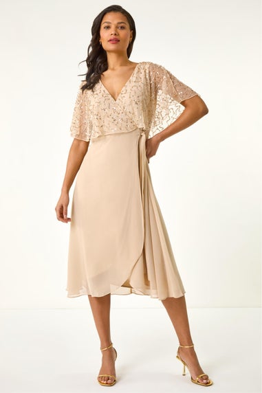 Roman Natural Sequin Embellished Chiffon Wrap Maxi Dress
