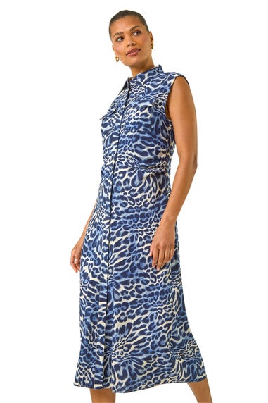 Roman Blue Animal Print Gathered Shirt Dress