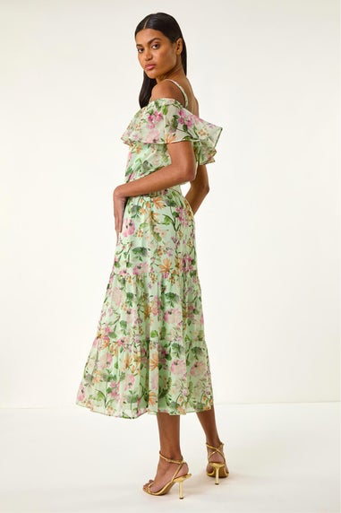 Roman Mint Floral Bardot Midi Dress