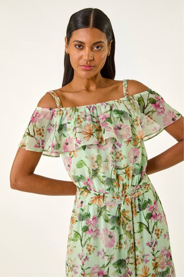 Roman Mint Floral Bardot Midi Dress