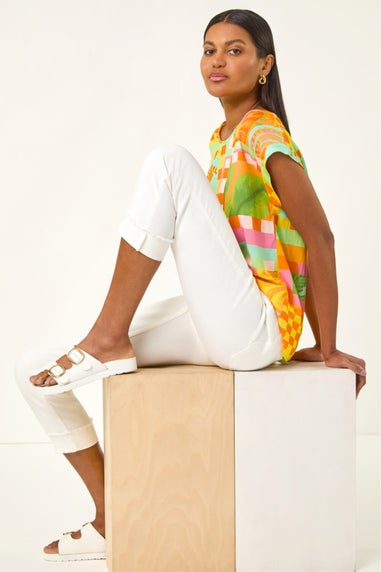 Roman White Slim Leg Turn Up Stretch Jeans