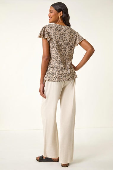 Roman Beige Print Ruched Frill Sleeve Top
