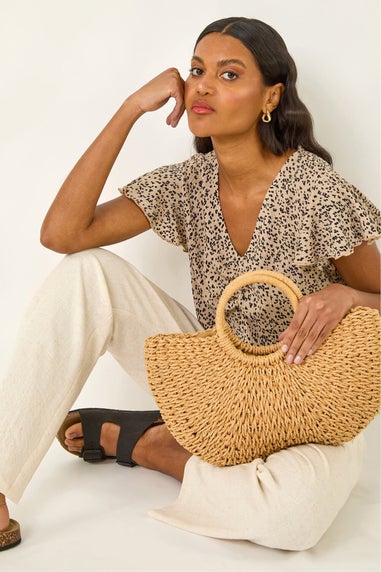 Roman Beige Print Ruched Frill Sleeve Top