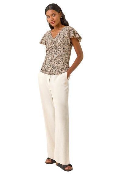 Roman Beige Print Ruched Frill Sleeve Top