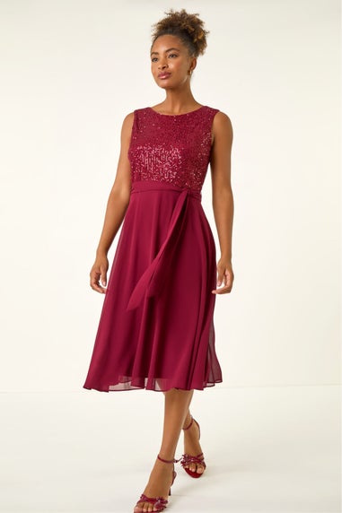 Roman Bordeaux Sequin Bodice Belted Chiffon Dress