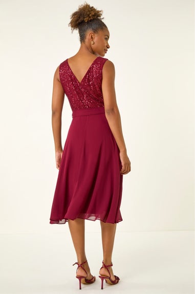 Roman Bordeaux Sequin Bodice Belted Chiffon Dress