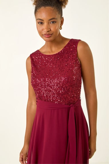 Roman Bordeaux Sequin Bodice Belted Chiffon Dress