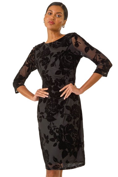 Roman Black Floral Flock Pleat Detail Dress