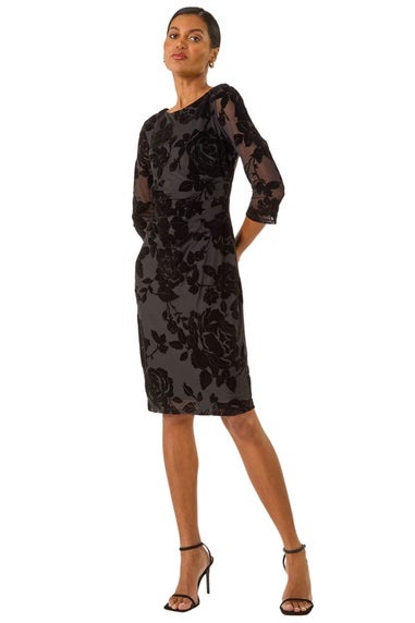 Roman Black Floral Flock Pleat Detail Dress