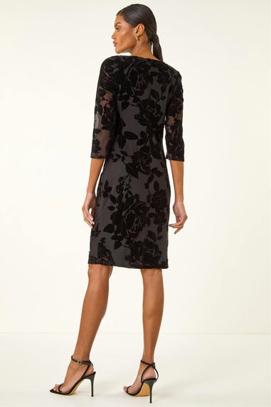 Roman Black Floral Flock Pleat Detail Dress