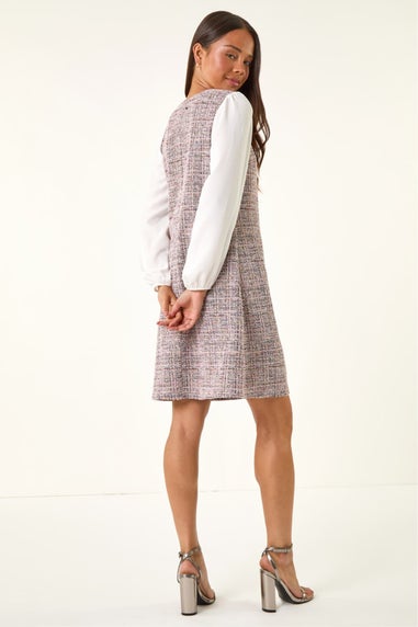 Roman Pink Petite Boucle Contrast Sleeve Dress