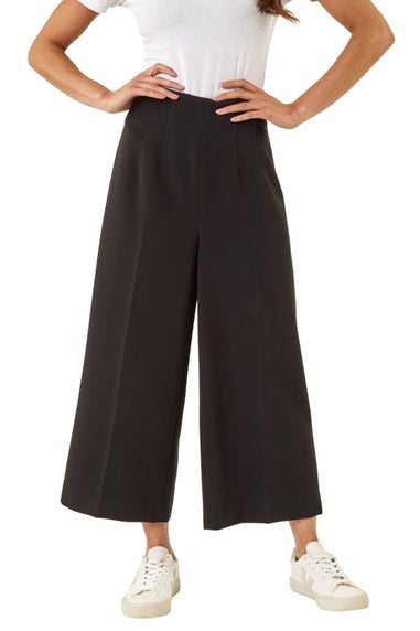 Roman Black Petite Cropped Wide Leg Stretch Trouser
