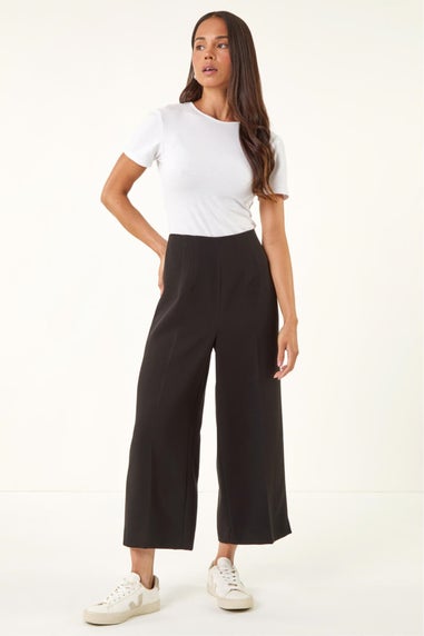 Roman Black Petite Cropped Wide Leg Stretch Trouser