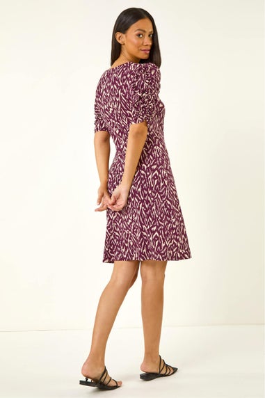 Dusk Wine Abstract Print Front Ruched Dress