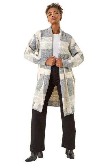 Roman Grey Check Longline Pocket Cardigan