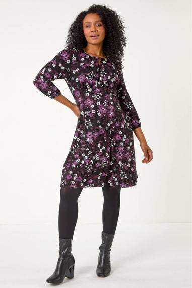 Roman Purple Petite Floral Keyhole Detail Dress