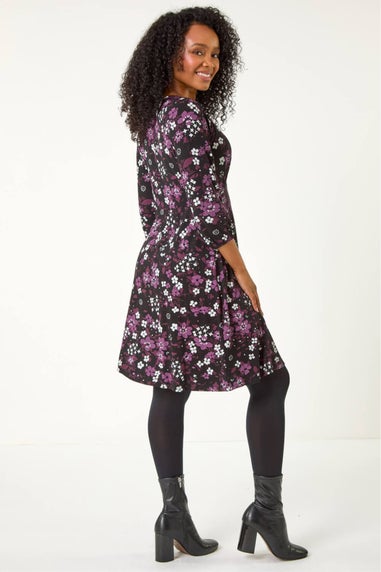 Roman Purple Petite Floral Keyhole Detail Dress