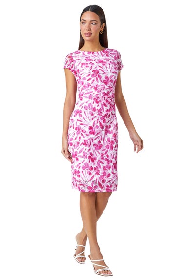 Roman Ivory Floral Lace Gathered Stretch Bodycon Dress