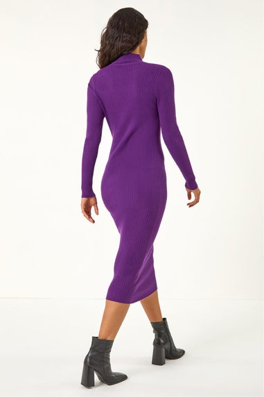 Dusk Purple Ribbed Button Knitted Midi Dress