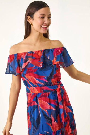 Roman Navy Floral Print Bardot Belted Maxi Dress