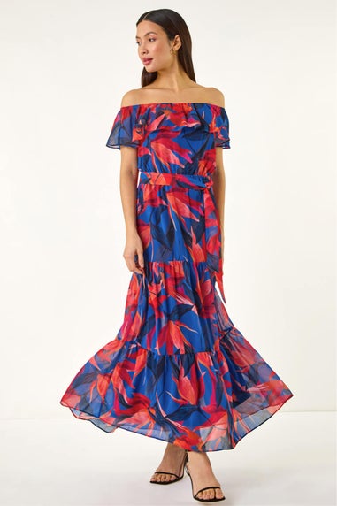 Roman Navy Floral Print Bardot Belted Maxi Dress