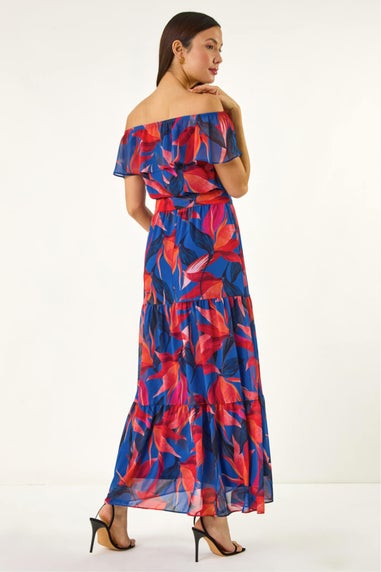 Roman Navy Floral Print Bardot Belted Maxi Dress