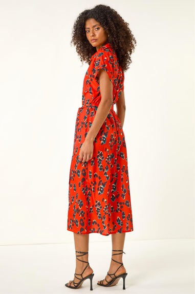 Dusk Red Animal Print Midi Shirt Dress