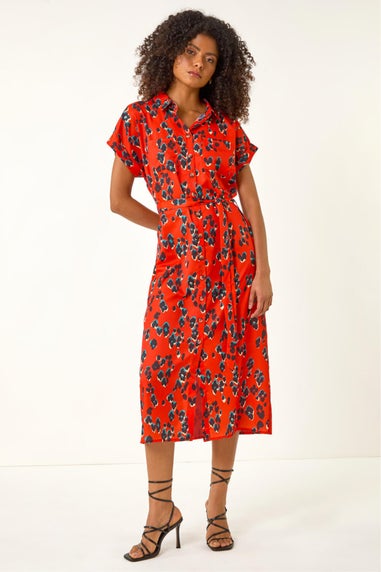 Dusk Red Animal Print Midi Shirt Dress