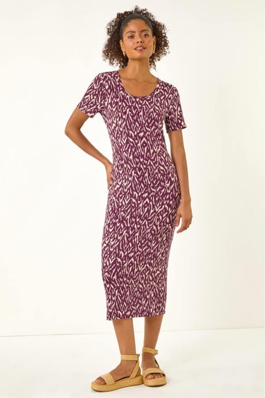 Dusk Wine Abstract Print Stretch Midi Dress