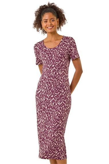 Dusk Wine Abstract Print Stretch Midi Dress