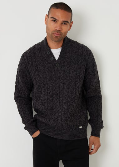 Threadbare Black Mock Tee Funnel Neck Cable Knit Jumper