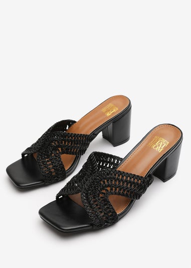 Where's That From Summer Black PU Woven Block Heel Slides