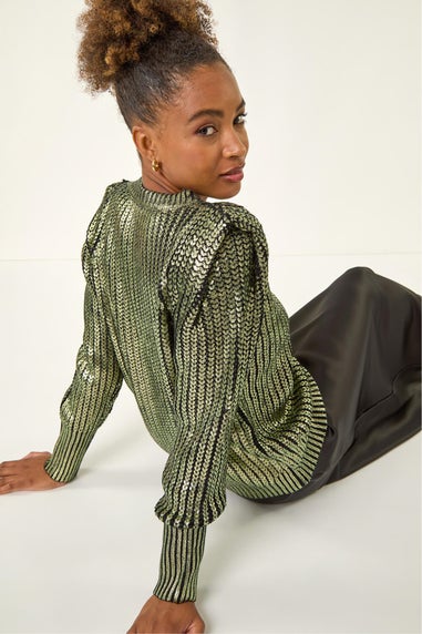 Roman Green Metallic Crew Neck Knit Jumper