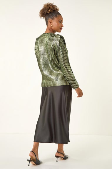 Roman Green Metallic Crew Neck Knit Jumper