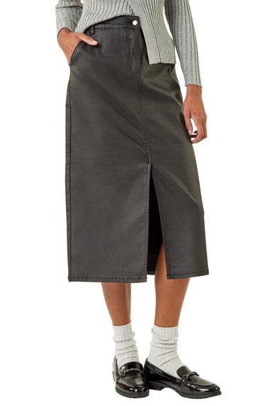Roman Black Coated Midi Pencil Skirt