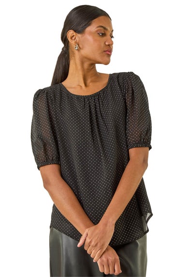 Roman Black Glitter Spot Print Puff Sleeve Top