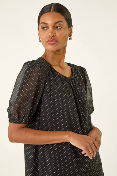 Roman Black Glitter Spot Print Puff Sleeve Top