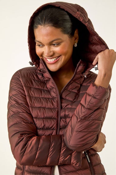Roman Chocolate Longline Quilted Hooded Puffer Coat