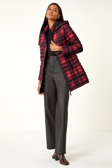 Roman Burgundy Check Print Quilted Puffer Coat