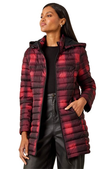Roman Burgundy Check Print Quilted Puffer Coat