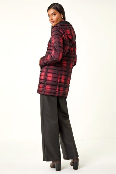 Roman Burgundy Check Print Quilted Puffer Coat