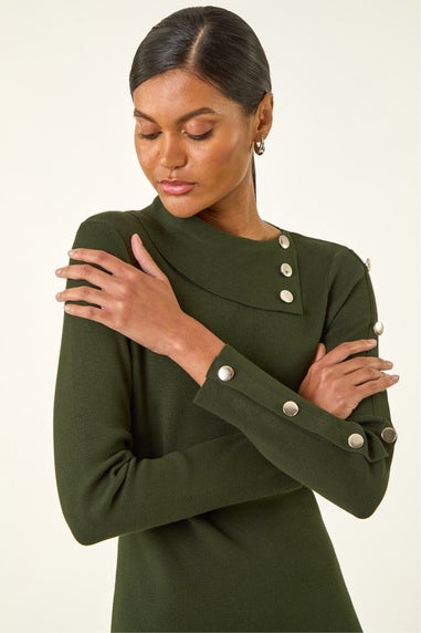 Roman Dark Green Button Detail Roll Neck Jumper Dress