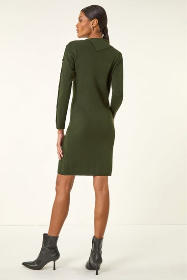 Roman Dark Green Button Detail Roll Neck Jumper Dress