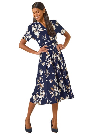 Roman Navy Floral Wrap Midi Dress