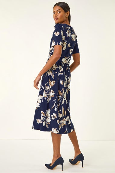 Roman Navy Floral Wrap Midi Dress