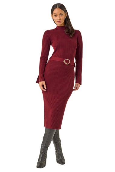 Dusk Wine Knitted Buckle Midi Dress