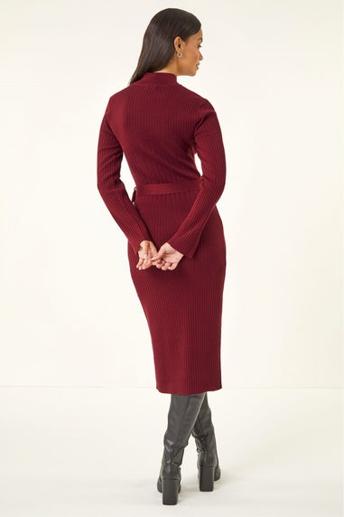 Dusk Wine Knitted Buckle Midi Dress